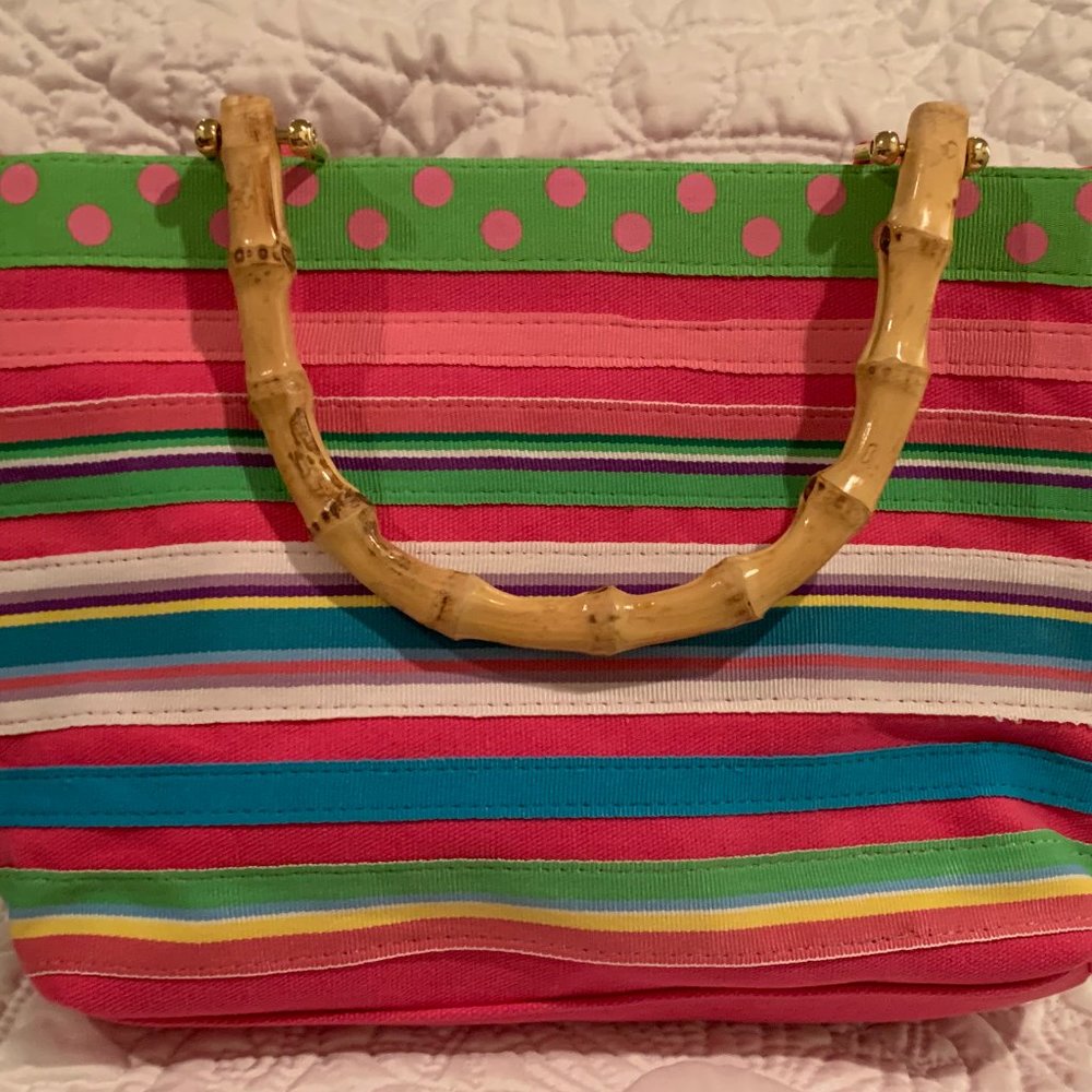 NWOT Tianni Pink & Green Preppy Grosgrain Ribbon Purse w/Bamboo Handles
